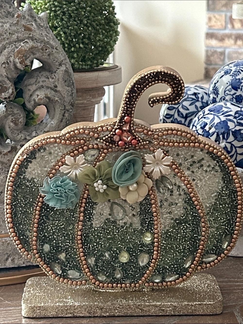 NEW! Shabby Chic Beaded Floral Fall Harvest Autumn Pumpkin - Picture 1 of 5